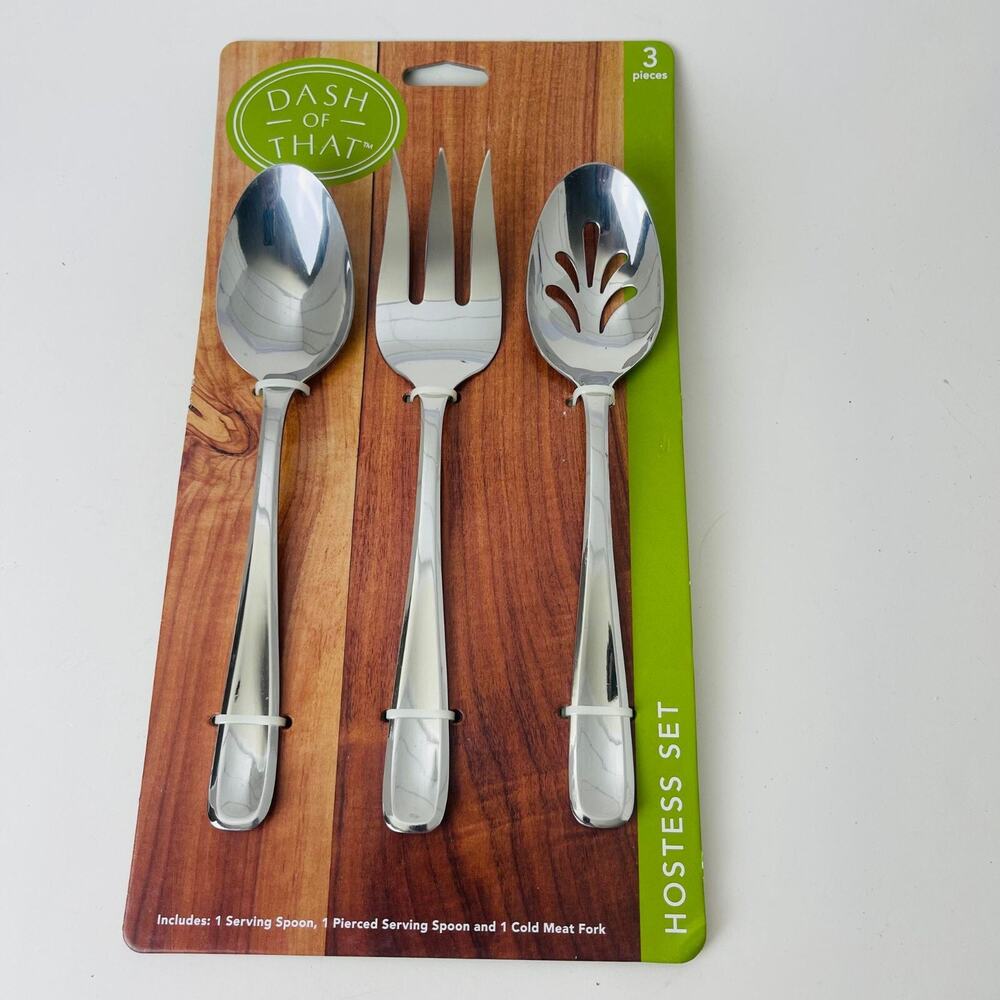 3pcs Dash of That Hostess Set 1 Serving Spoon, 1 Pierced, 1 Cold Meat Fork - NEW